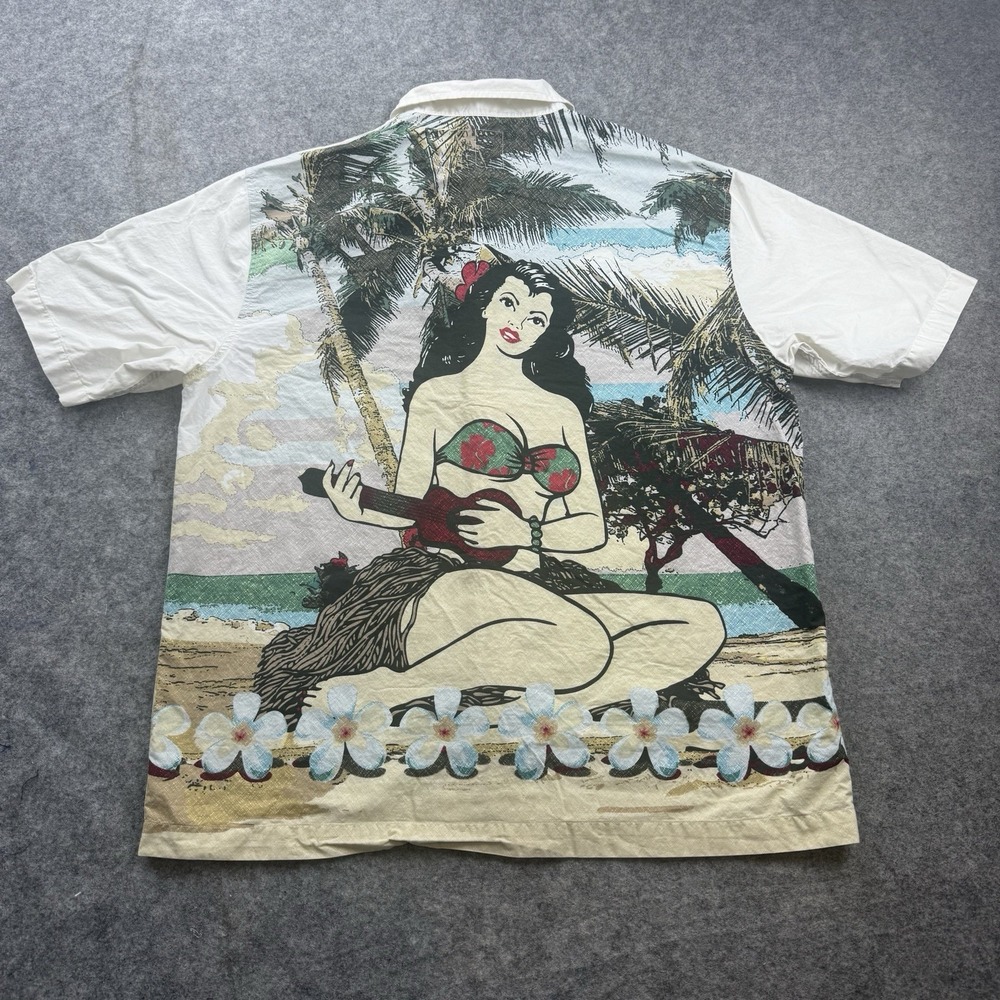 Vintage Old Navy Hula Girl Hawaiian Shirt Mens M Pin Up Graphic Camp Loop Collar